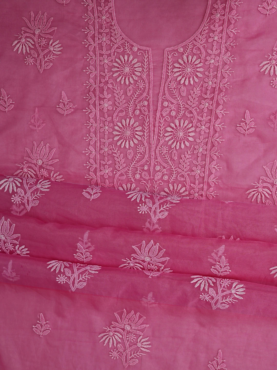 Ada Hand Embroidered Persian Pink Organza Lucknowi Chikankari Unstitched Kurta Dupatta Set 01A810580
