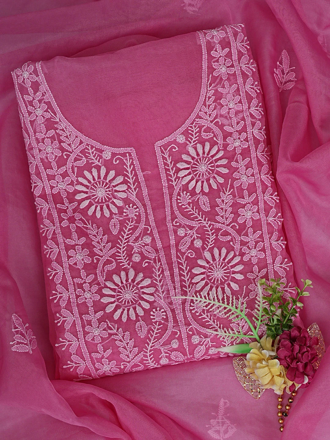 Ada Hand Embroidered Persian Pink Organza Lucknowi Chikankari Unstitched Kurta Dupatta Set 01A810580