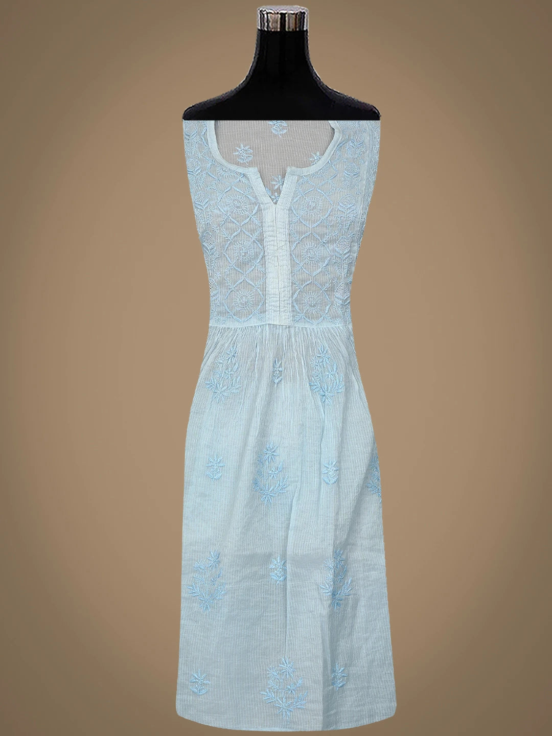 Ada Hand Embroidered Sky Blue Chanderi Lucknowi Chikankari Semi-Stitched Kurta Dupatta Set 01A814577