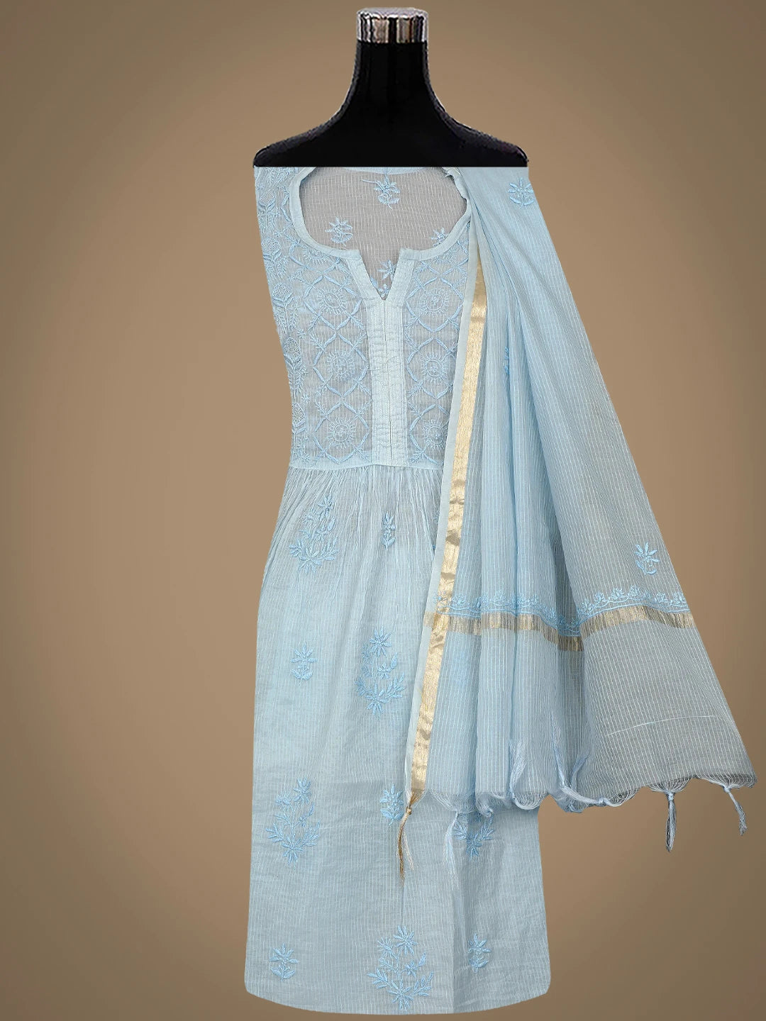 Ada Hand Embroidered Sky Blue Chanderi Lucknowi Chikankari Semi-Stitched Kurta Dupatta Set 01A814577