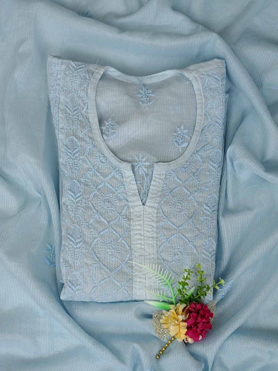 Ada Hand Embroidered Sky Blue Chanderi Lucknowi Chikankari Semi-Stitched Kurta Dupatta Set 01A814577