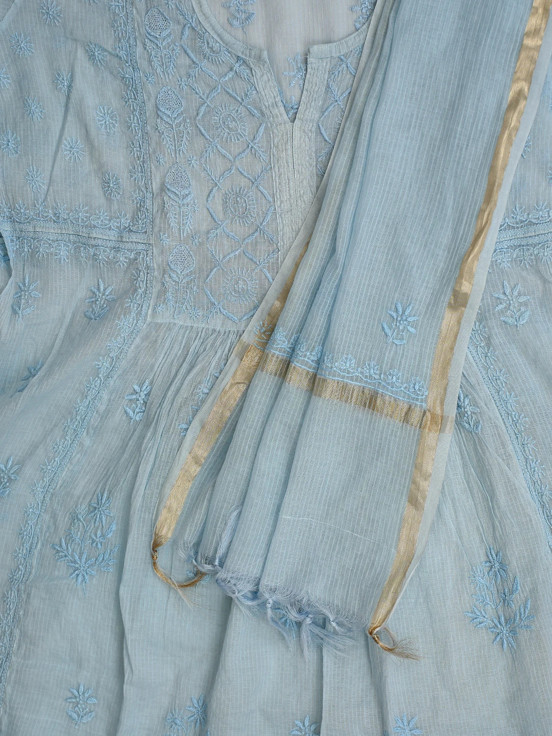 Ada Hand Embroidered Sky Blue Chanderi Lucknowi Chikankari Semi-Stitched Kurta Dupatta Set 01A814577