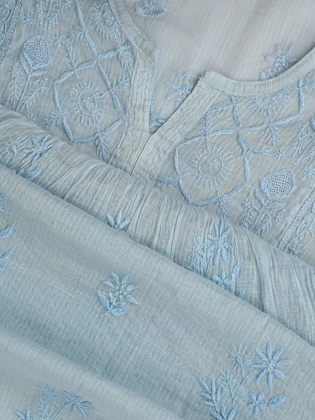 Ada Hand Embroidered Sky Blue Chanderi Lucknowi Chikankari Semi-Stitched Kurta Dupatta Set 01A814577