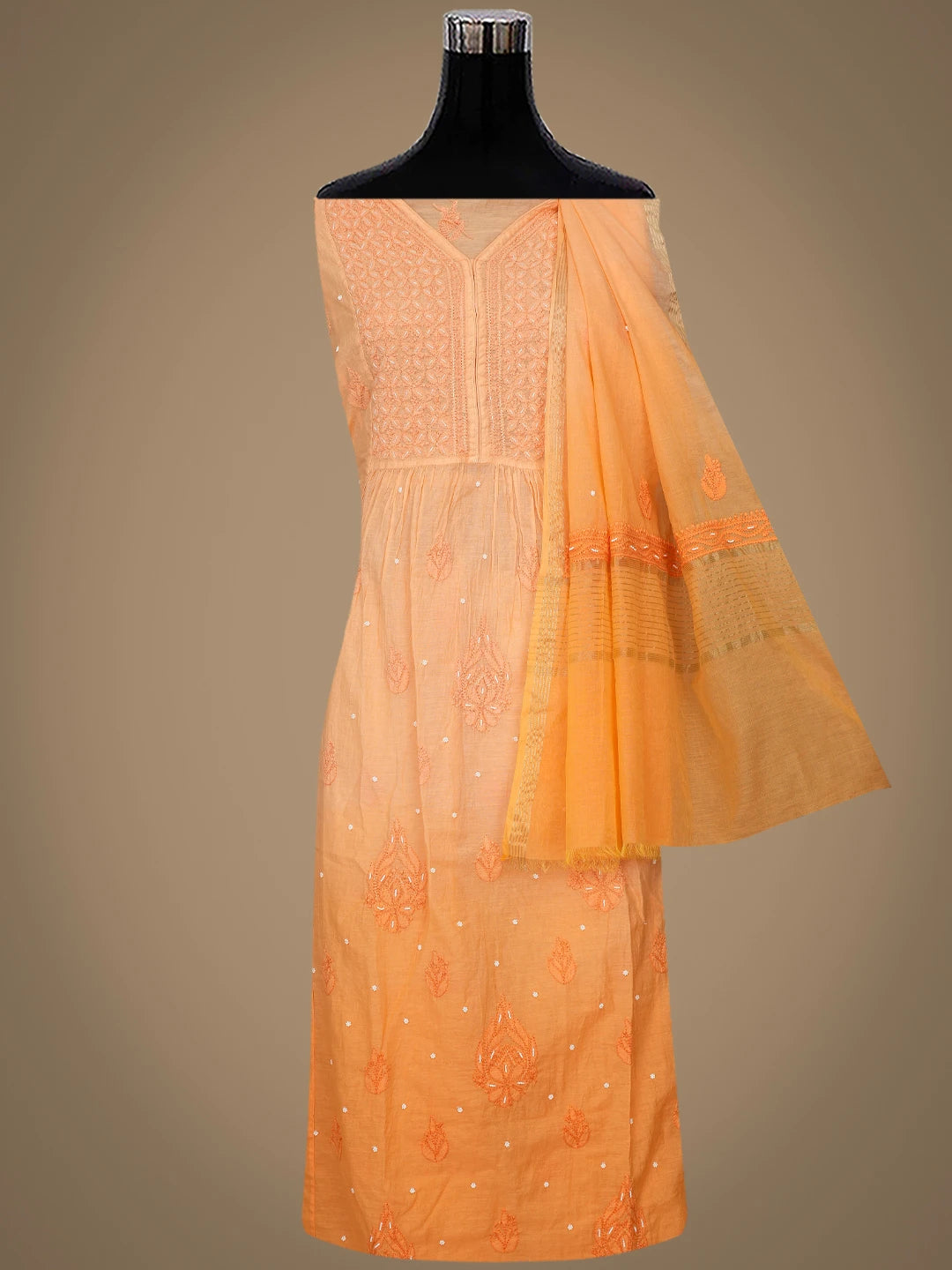 Ada Hand Embroidered Orange Chanderi Lucknowi Chikankari Semi-Stitched Kurta Dupatta Set With Cutdana Work 01A813871