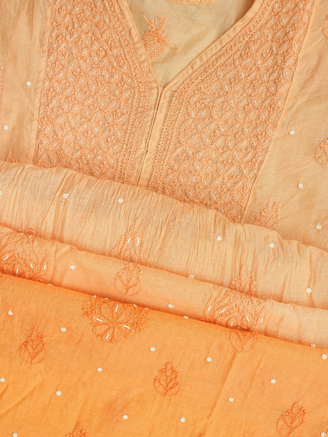 Ada Hand Embroidered Orange Chanderi Lucknowi Chikankari Semi-Stitched Kurta Dupatta Set With Cutdana Work 01A813871