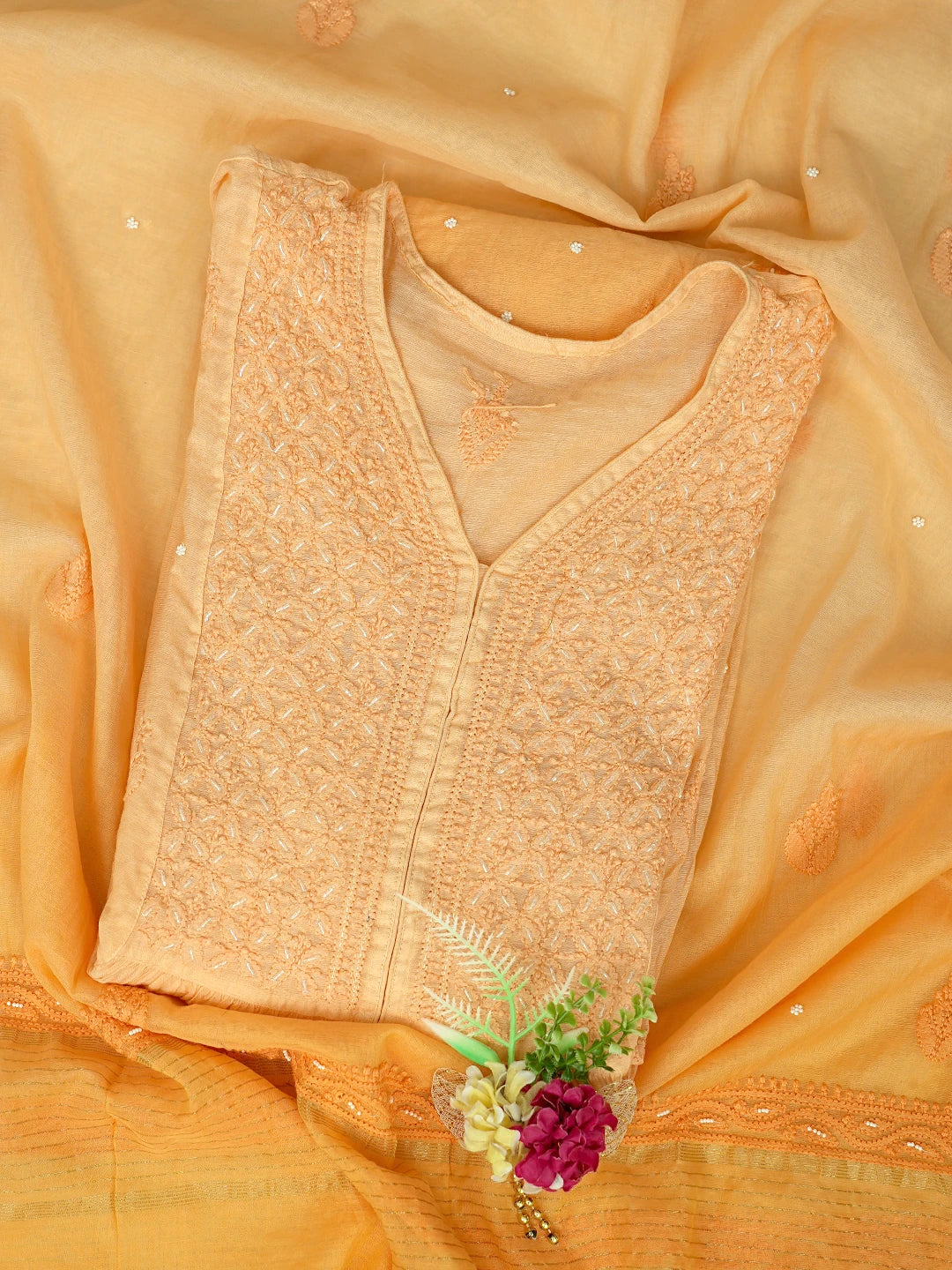 Ada Hand Embroidered Orange Chanderi Lucknowi Chikankari Semi-Stitched Kurta Dupatta Set With Cutdana Work 01A813871