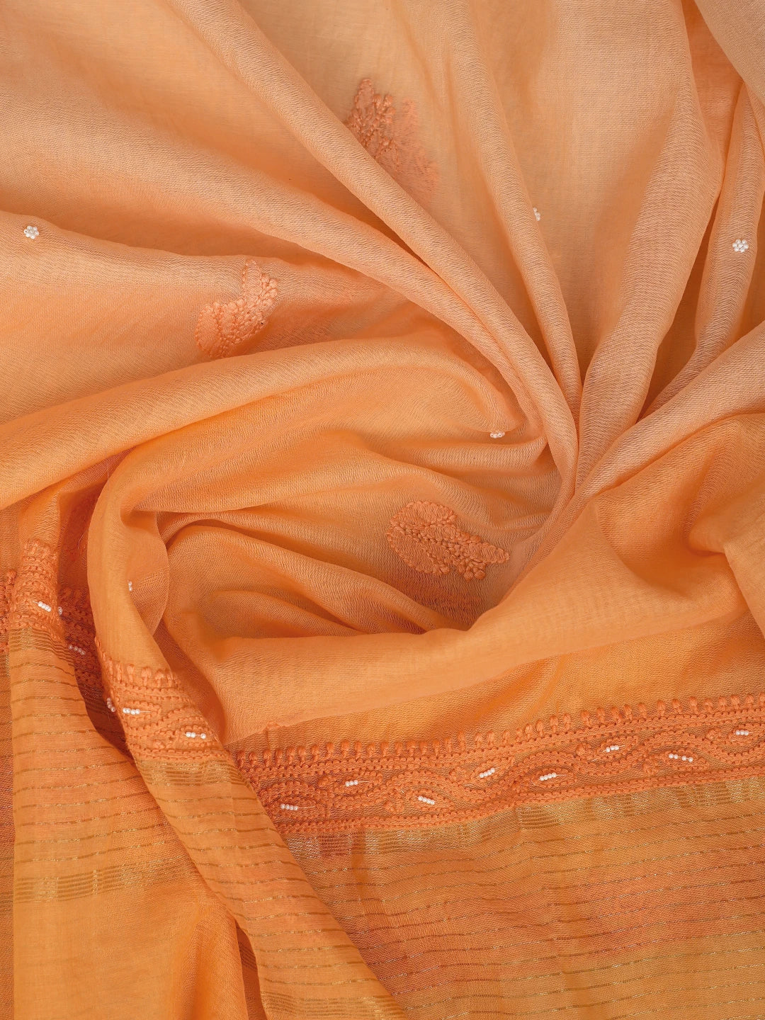 Ada Hand Embroidered Orange Chanderi Lucknowi Chikankari Semi-Stitched Kurta Dupatta Set With Cutdana Work 01A813871
