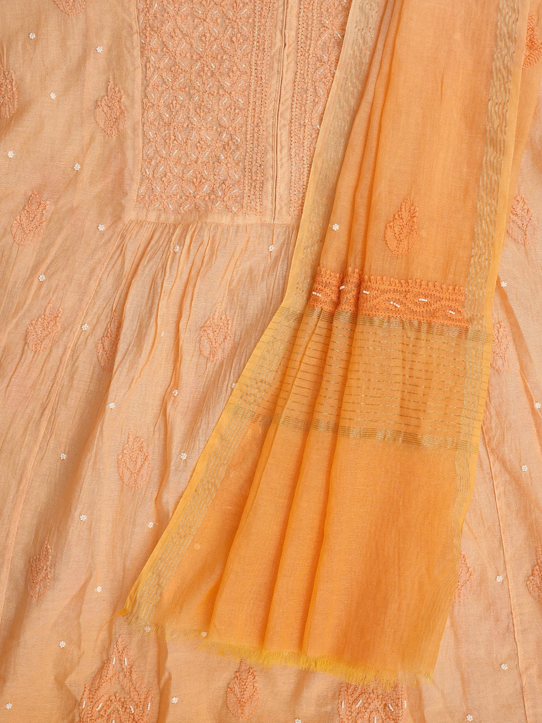 Ada Hand Embroidered Orange Chanderi Lucknowi Chikankari Semi-Stitched Kurta Dupatta Set With Cutdana Work 01A813871