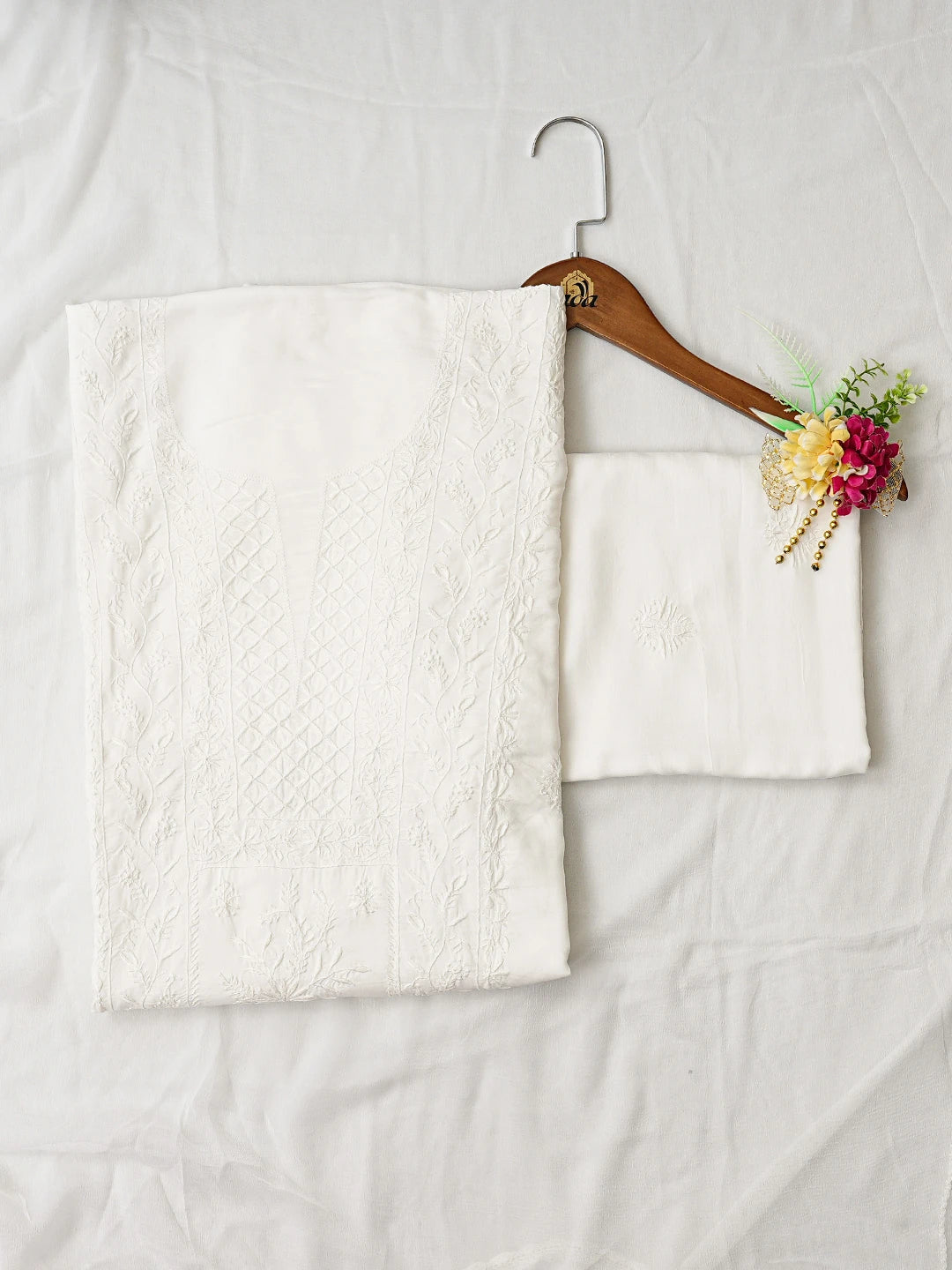 Ada Hand Embroidered White Modal Lucknowi Chikankari Unstitched Suit Piece 01A844385