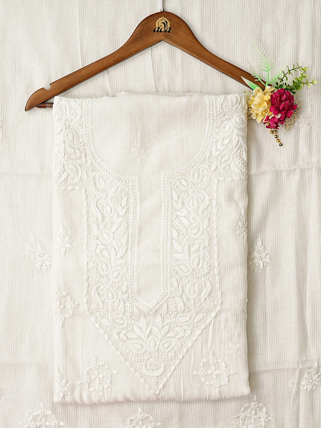 Ada Hand Embroidered White Chanderi Lucknowi Chikankari Unstitched Kurta Dupatta Set 01A726712