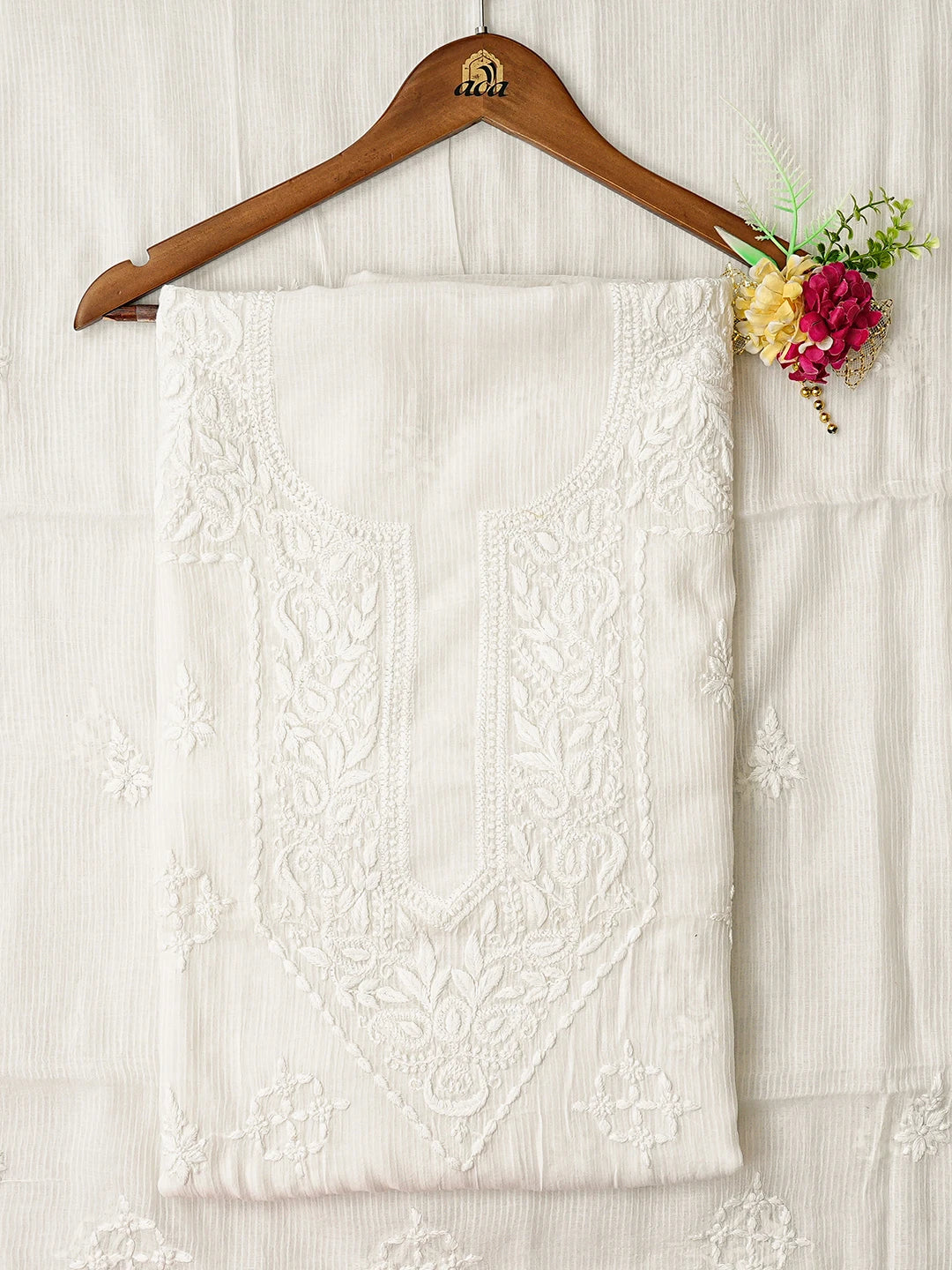 Ada Hand Embroidered White Chanderi Lucknowi Chikankari Unstitched Kurta Dupatta Set 01A726712