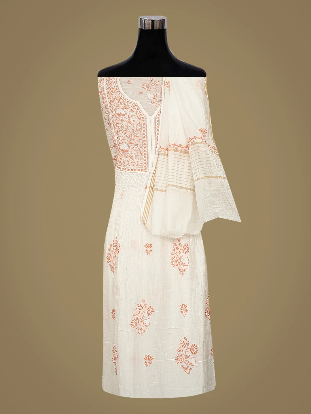 Ada Hand Embroidered White Chanderi Lucknowi Chikankari Semi-Stitched Kurta Dupatta Set With Cutdana Work 01A605191