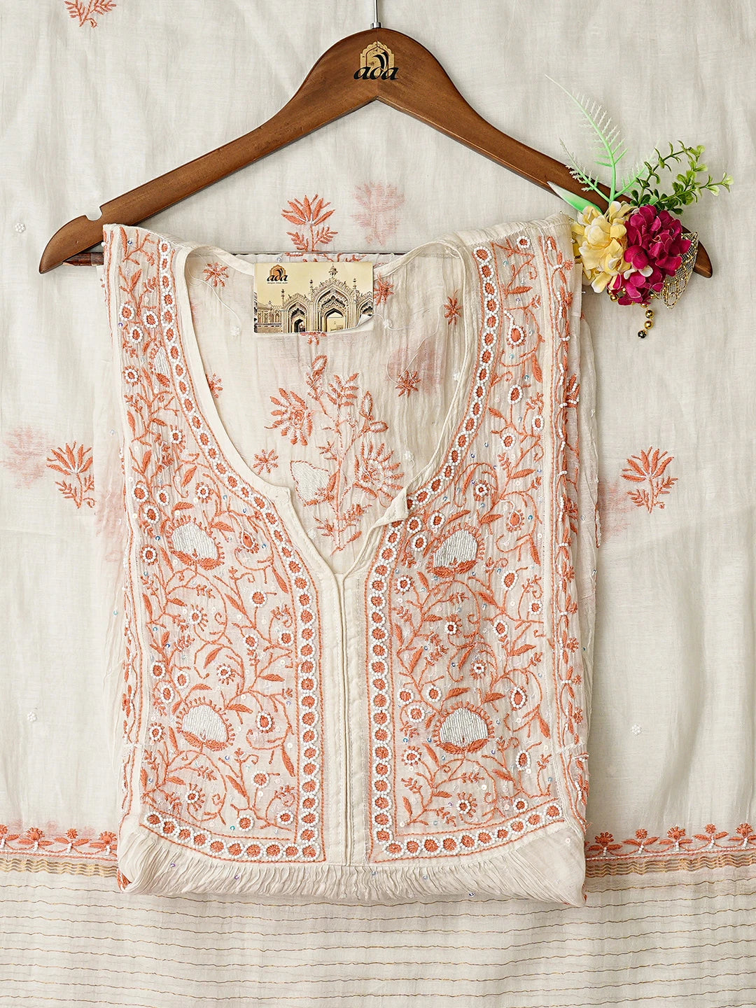 Ada Hand Embroidered White Chanderi Lucknowi Chikankari Semi-Stitched Kurta Dupatta Set With Cutdana Work 01A605191