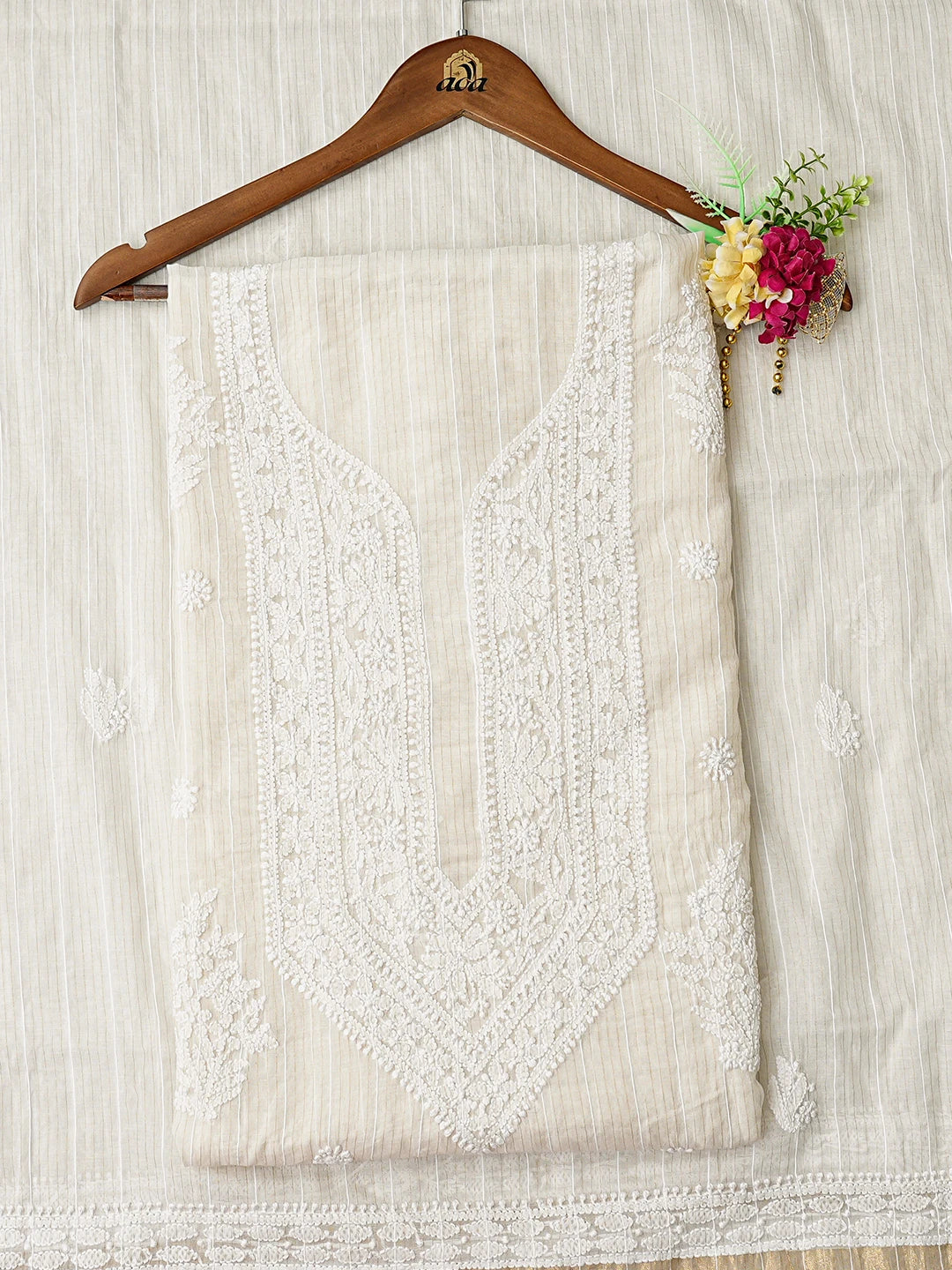 Ada Hand Embroidered White Kota Lucknowi Chikankari Unstitched Kurta Dupatta Set 01A850104