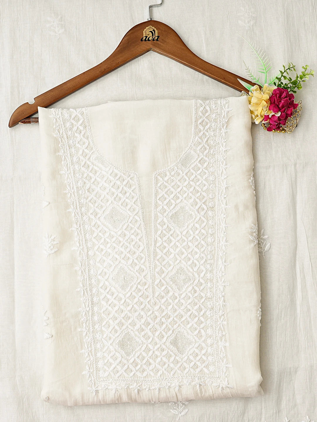 Ada Hand Embroidered White Chanderi Lucknowi Chikankari Unstitched Kurta Dupatta Set With Cutdana Work 01A858790