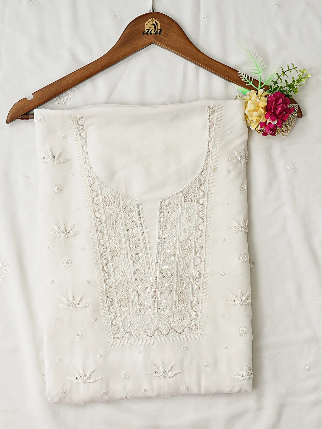 Ada Hand Embroidered White Viscose Georgette Lucknowi Chikankari Unstitched Kurta Dupatta Set With Pearl Work 01A421812
