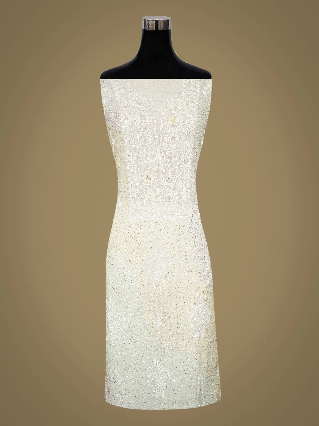 Ada Hand Embroidered White Chanderi Lucknowi Chikankari Unstitched Kurta Dupatta Set With Cutdana Work 01A622292