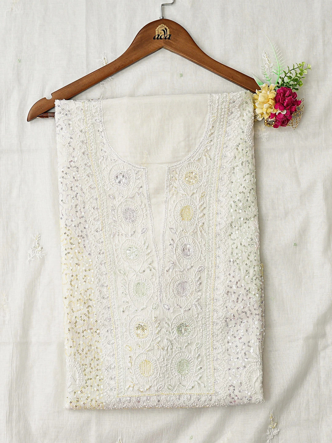 Ada Hand Embroidered White Chanderi Lucknowi Chikankari Unstitched Kurta Dupatta Set With Cutdana Work 01A622292