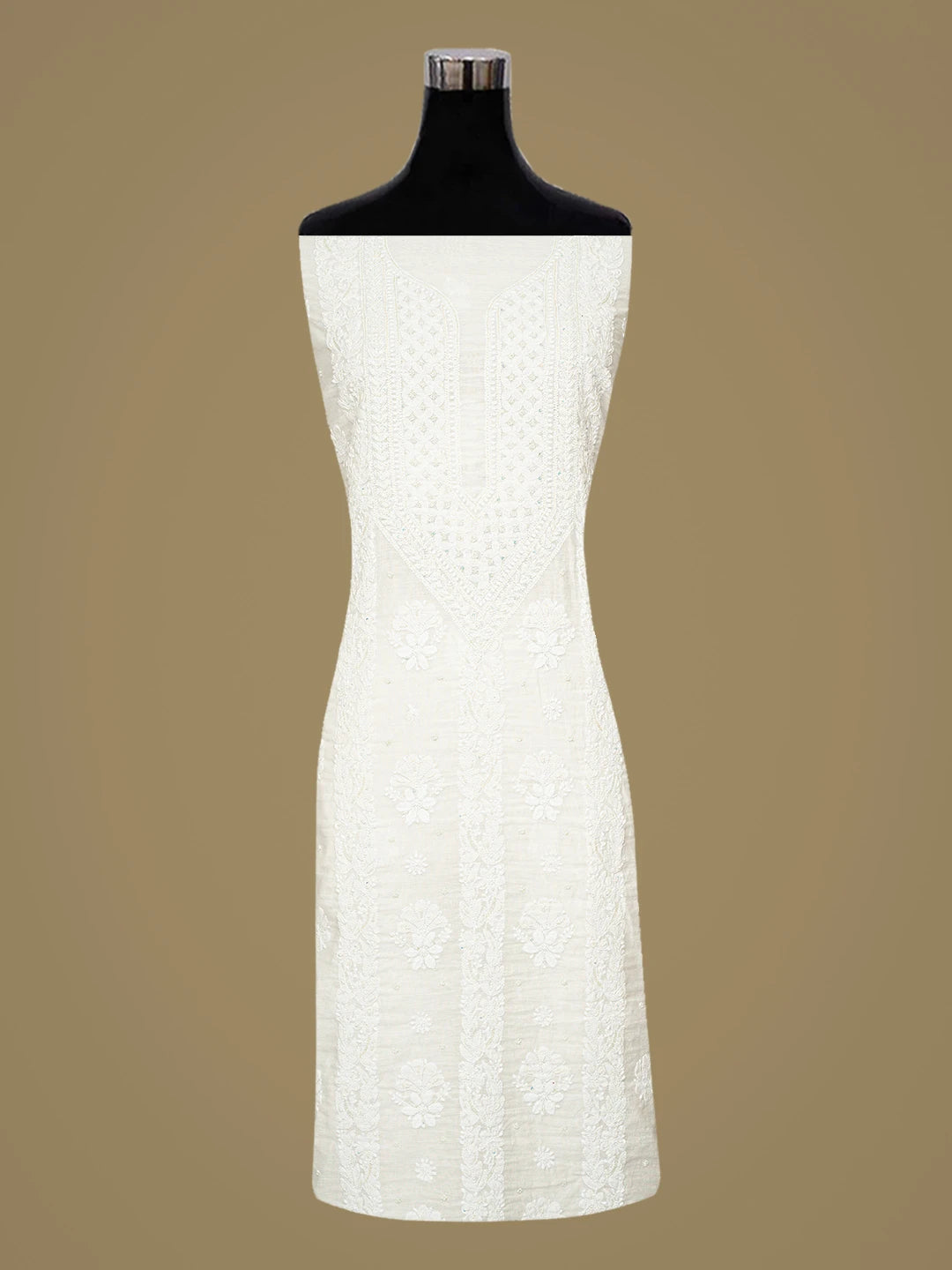 Ada Hand Embroidered White Chanderi Lucknowi Chikankari Unstitched Kurta Dupatta Set With Pearl Work 01A850083