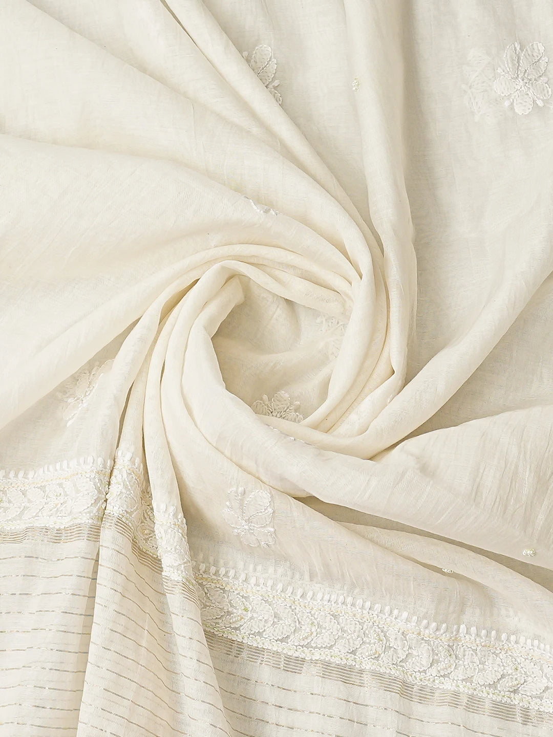 Ada Hand Embroidered White Chanderi Lucknowi Chikankari Unstitched Kurta Dupatta Set With Pearl Work 01A850083
