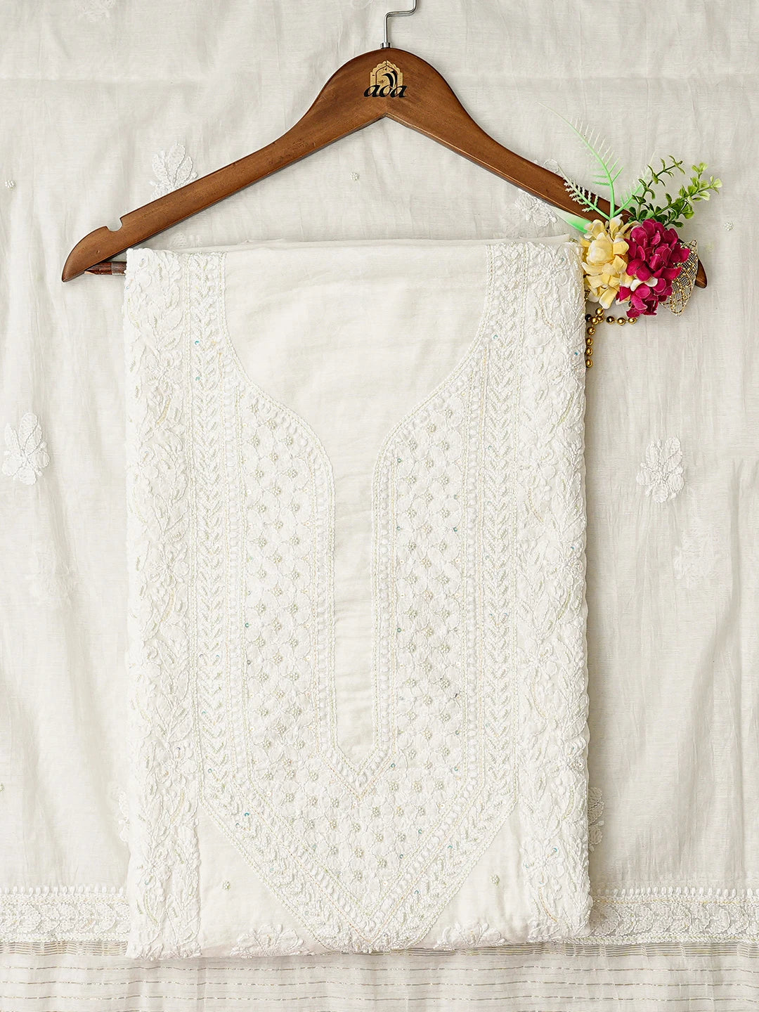 Ada Hand Embroidered White Chanderi Lucknowi Chikankari Unstitched Kurta Dupatta Set With Pearl Work 01A850083