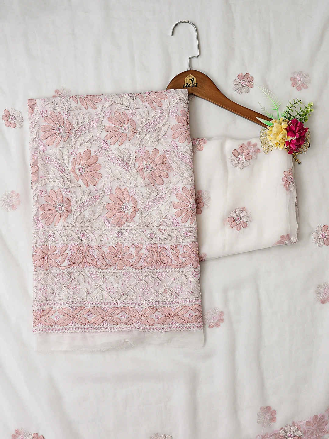 Ada Hand Embroidered White Georgette Lucknowi Chikankari Unstitched Suit Piece 01A857257
