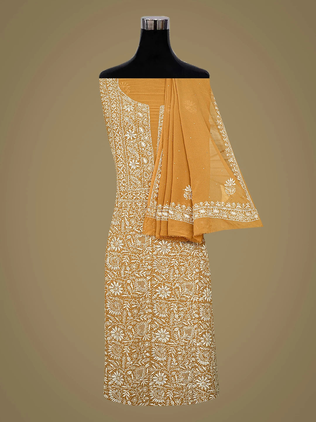 Ada Hand Embroidered Brown Pure Georgette Lucknowi Chikankari Unstitched Kurta Dupatta Set With Sequinned Work 01A653974