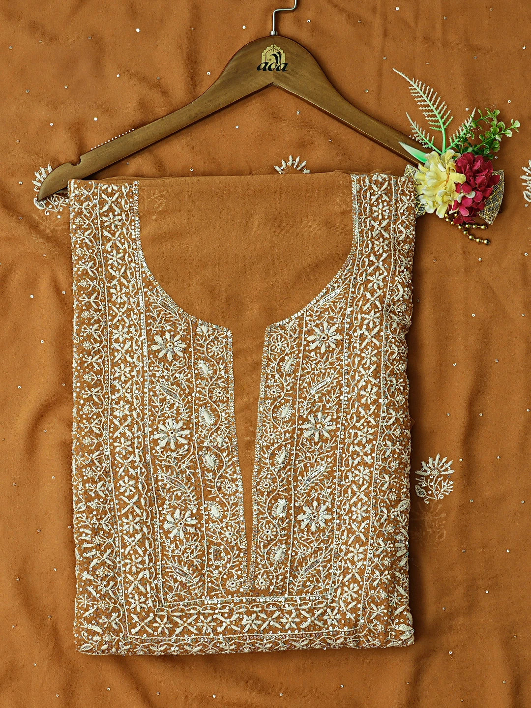 Ada Hand Embroidered Brown Pure Georgette Lucknowi Chikankari Unstitched Kurta Dupatta Set With Sequinned Work 01A653974