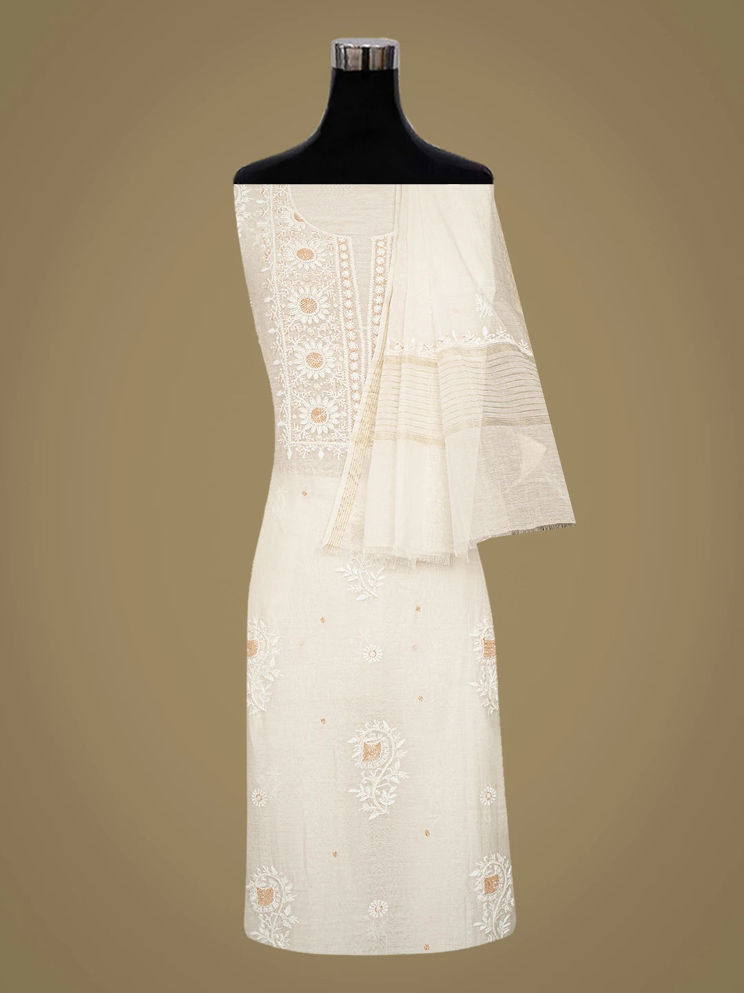 Ada Hand Embroidered White Chanderi Lucknowi Chikankari Unstitched Kurta Dupatta Set With Cutdana Work 01A754638