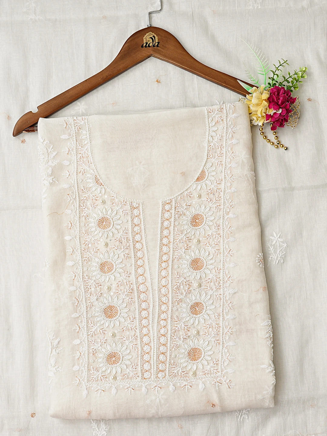 Ada Hand Embroidered White Chanderi Lucknowi Chikankari Unstitched Kurta Dupatta Set With Cutdana Work 01A754638