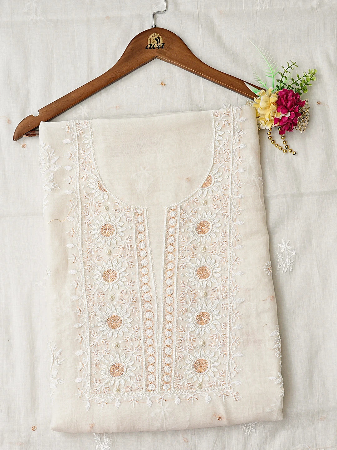 Ada Hand Embroidered White Chanderi Lucknowi Chikankari Unstitched Kurta Dupatta Set With Cutdana Work 01A754638