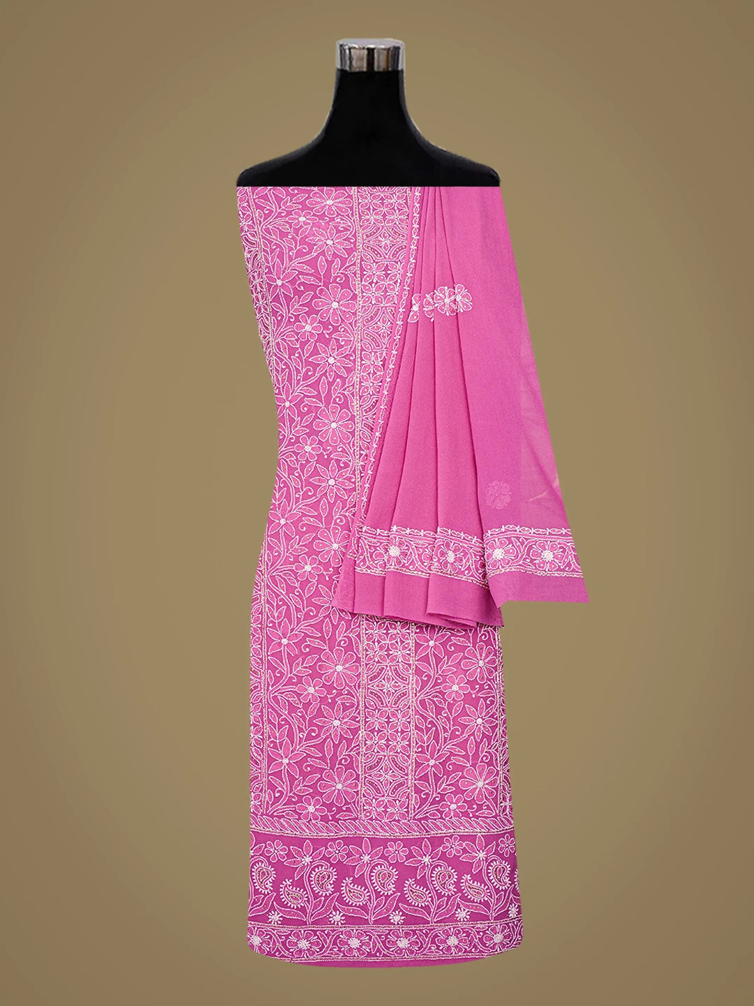 Ada Hand Embroidered Magenta Pure Georgette Lucknowi Chikankari Unstitched Kurta Dupatta Set With Mukaish Work 01A727815