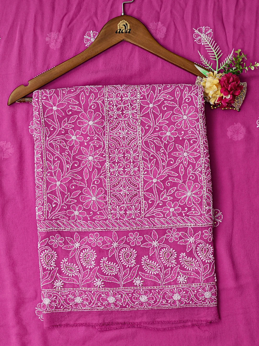 Ada Hand Embroidered Magenta Pure Georgette Lucknowi Chikankari Unstitched Kurta Dupatta Set With Mukaish Work 01A727815