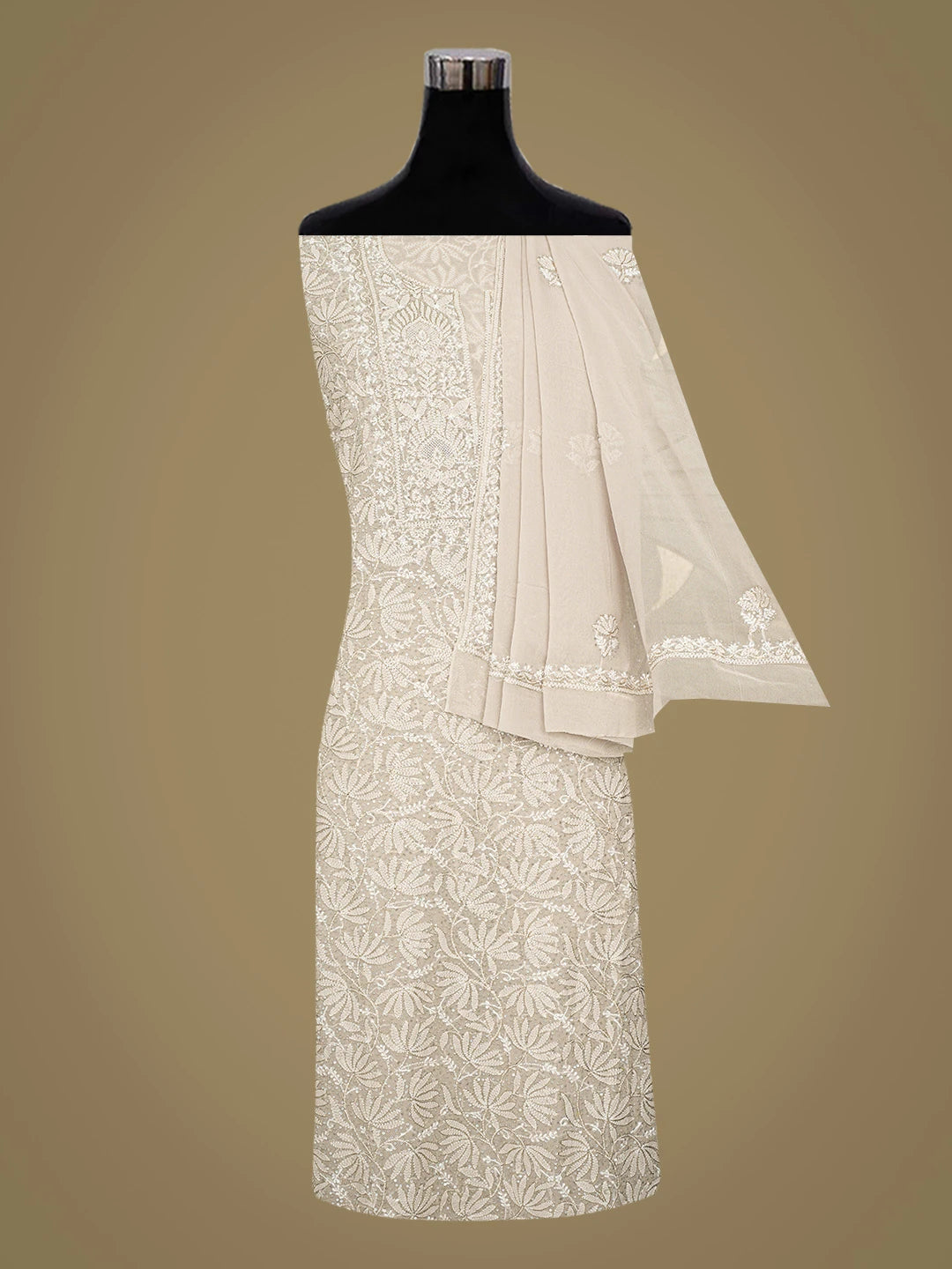 Ada Hand Embroidered Silver Grey Pure Georgette Lucknowi Chikankari Unstitched Kurta Dupatta Set With Sequinned Work 01A784223