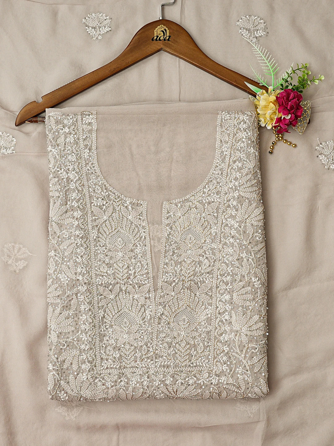 Ada Hand Embroidered Silver Grey Pure Georgette Lucknowi Chikankari Unstitched Kurta Dupatta Set With Sequinned Work 01A784223