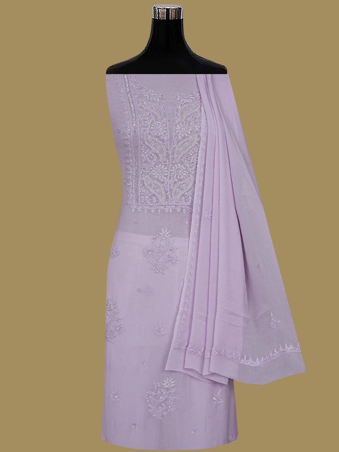 Ada Hand Embroidered Lavender Viscose Georgette Lucknowi Chikankari Unstitched Kurta Dupatta Set With Cutdana Work 01A771727