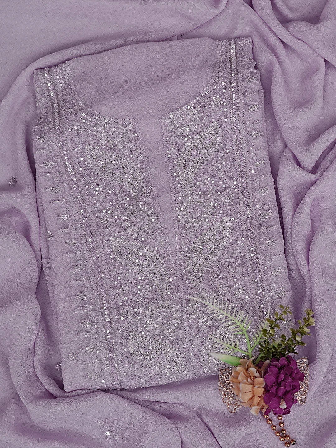 Ada Hand Embroidered Lavender Viscose Georgette Lucknowi Chikankari Unstitched Kurta Dupatta Set With Cutdana Work 01A771727