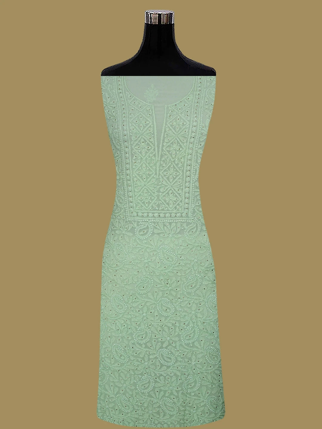 Ada Hand Embroidered Sea Green Viscose Georgette Lucknowi Chikankari Unstitched Kurta Dupatta Set With Mukaish Work 01A724477
