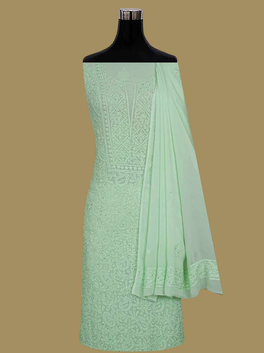 Ada Hand Embroidered Sea Green Viscose Georgette Lucknowi Chikankari Unstitched Kurta Dupatta Set With Mukaish Work 01A724477