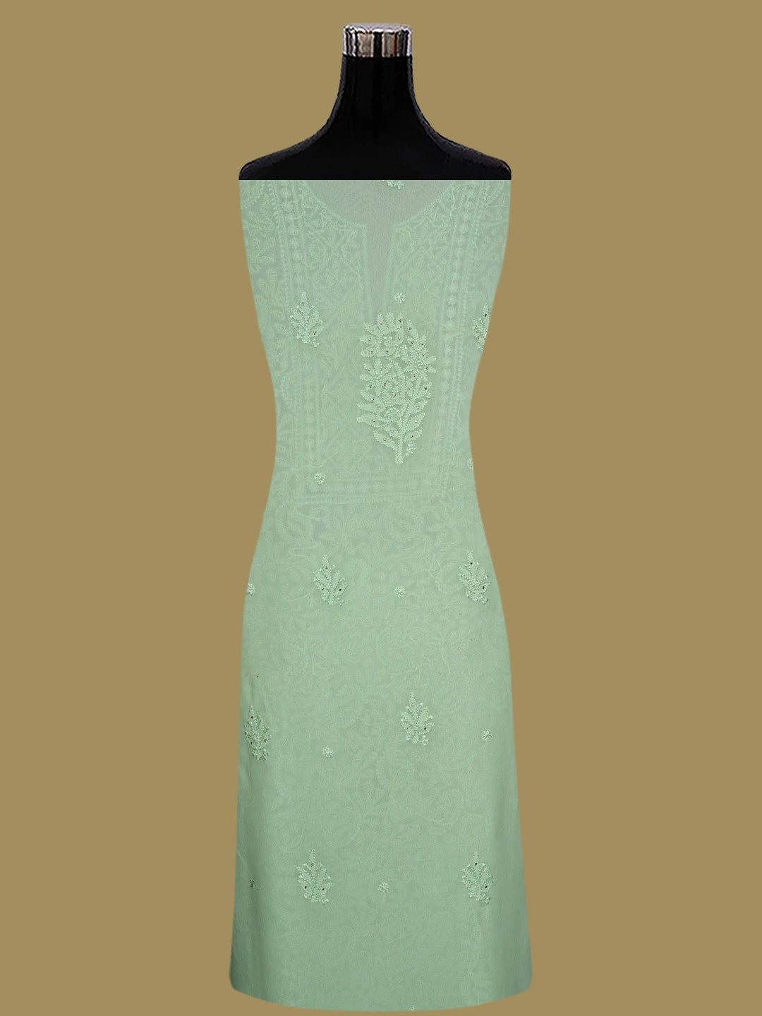 Ada Hand Embroidered Sea Green Viscose Georgette Lucknowi Chikankari Unstitched Kurta Dupatta Set With Mukaish Work 01A724477