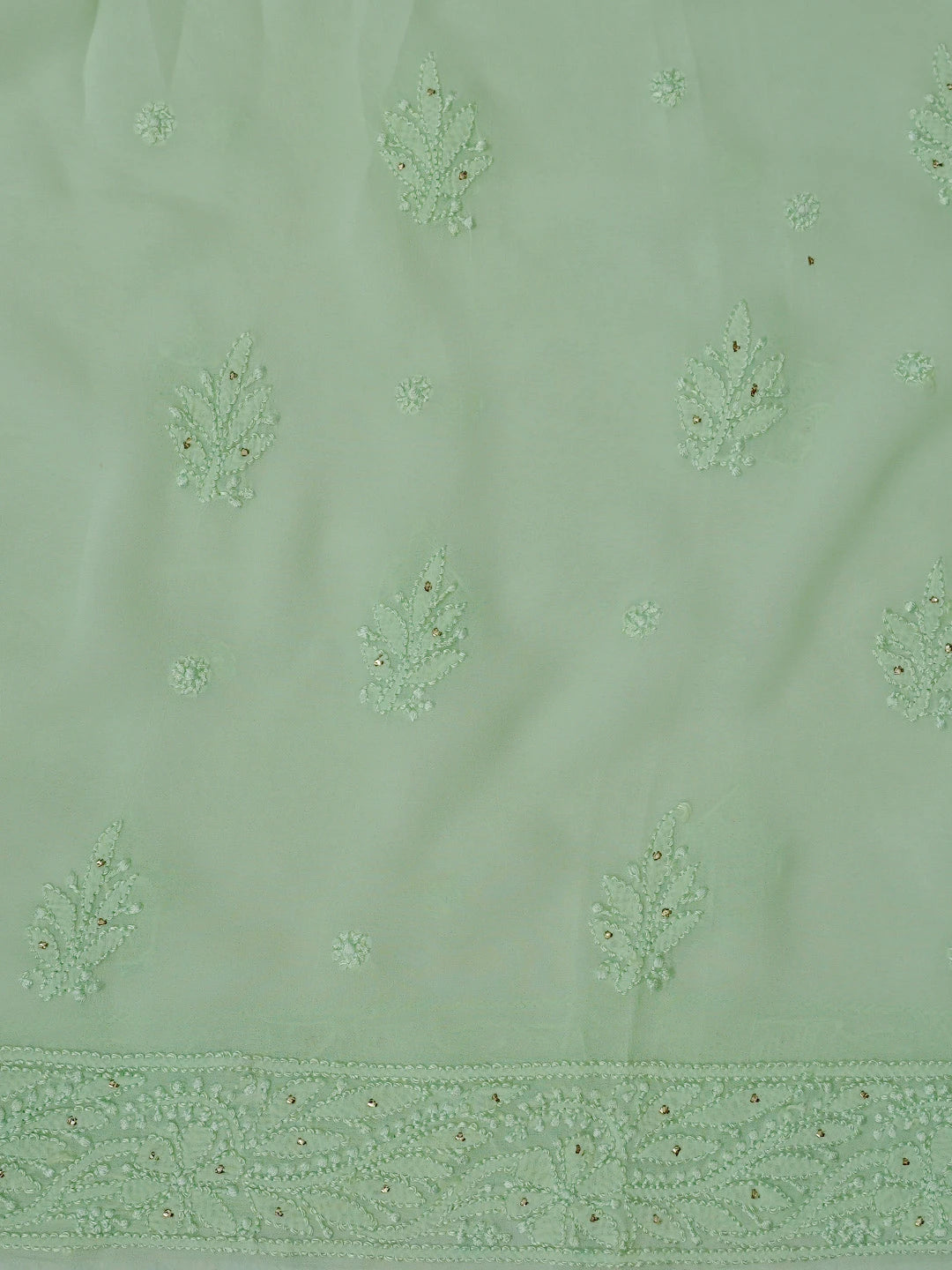 Ada Hand Embroidered Sea Green Viscose Georgette Lucknowi Chikankari Unstitched Kurta Dupatta Set With Mukaish Work 01A724477