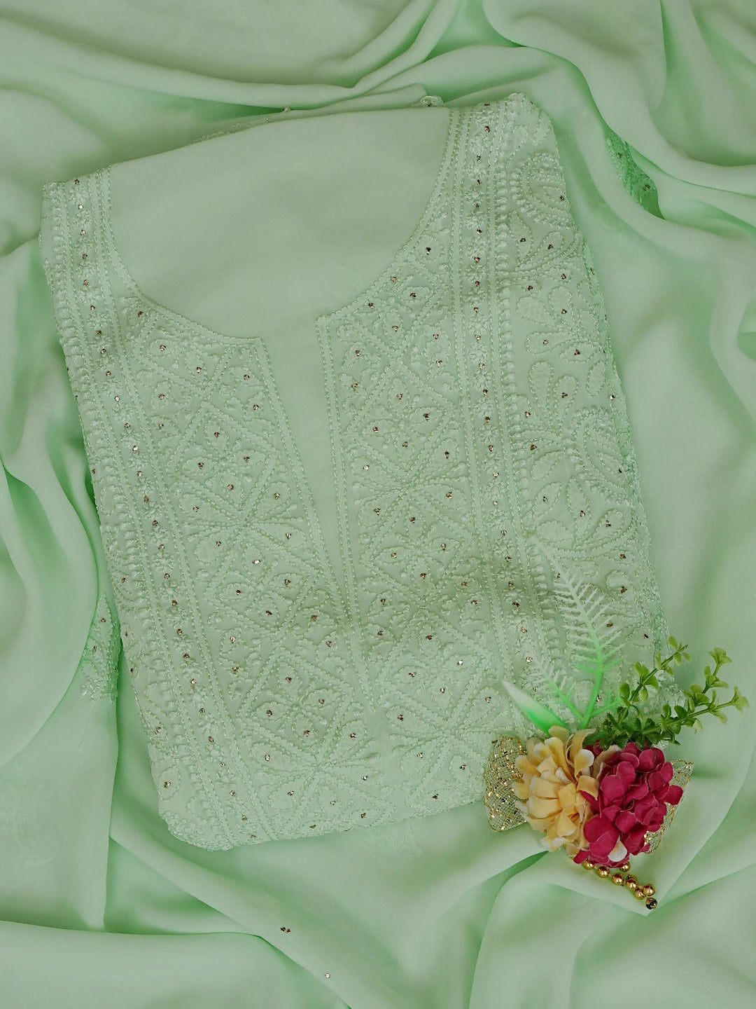 Ada Hand Embroidered Sea Green Viscose Georgette Lucknowi Chikankari Unstitched Kurta Dupatta Set With Mukaish Work 01A724477
