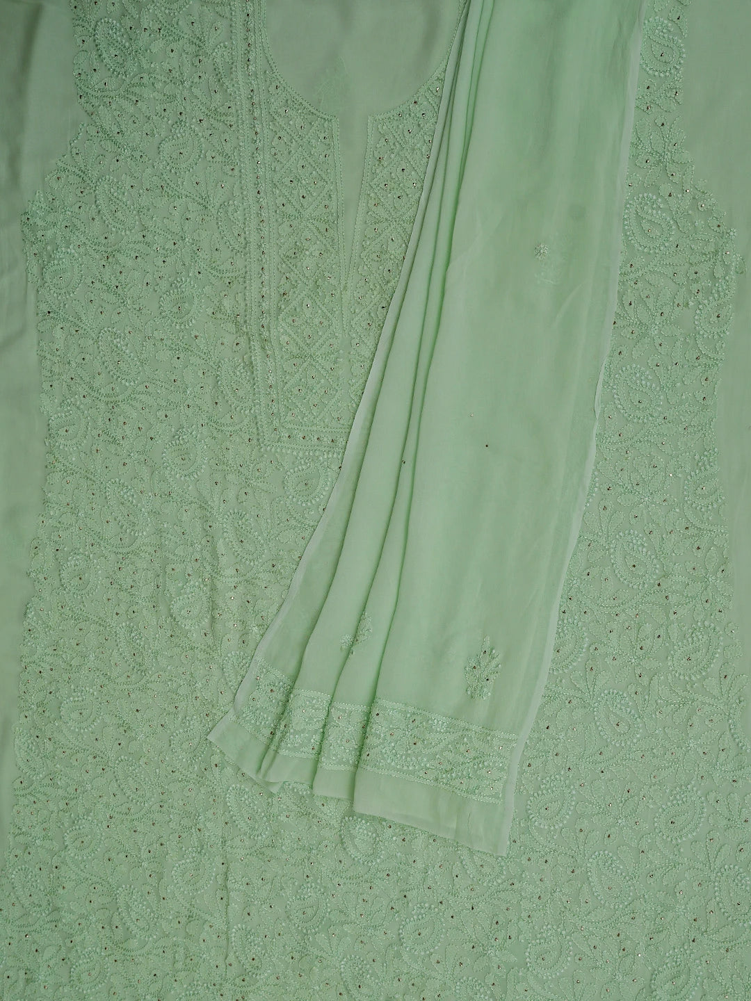 Ada Hand Embroidered Sea Green Viscose Georgette Lucknowi Chikankari Unstitched Kurta Dupatta Set With Mukaish Work 01A724477
