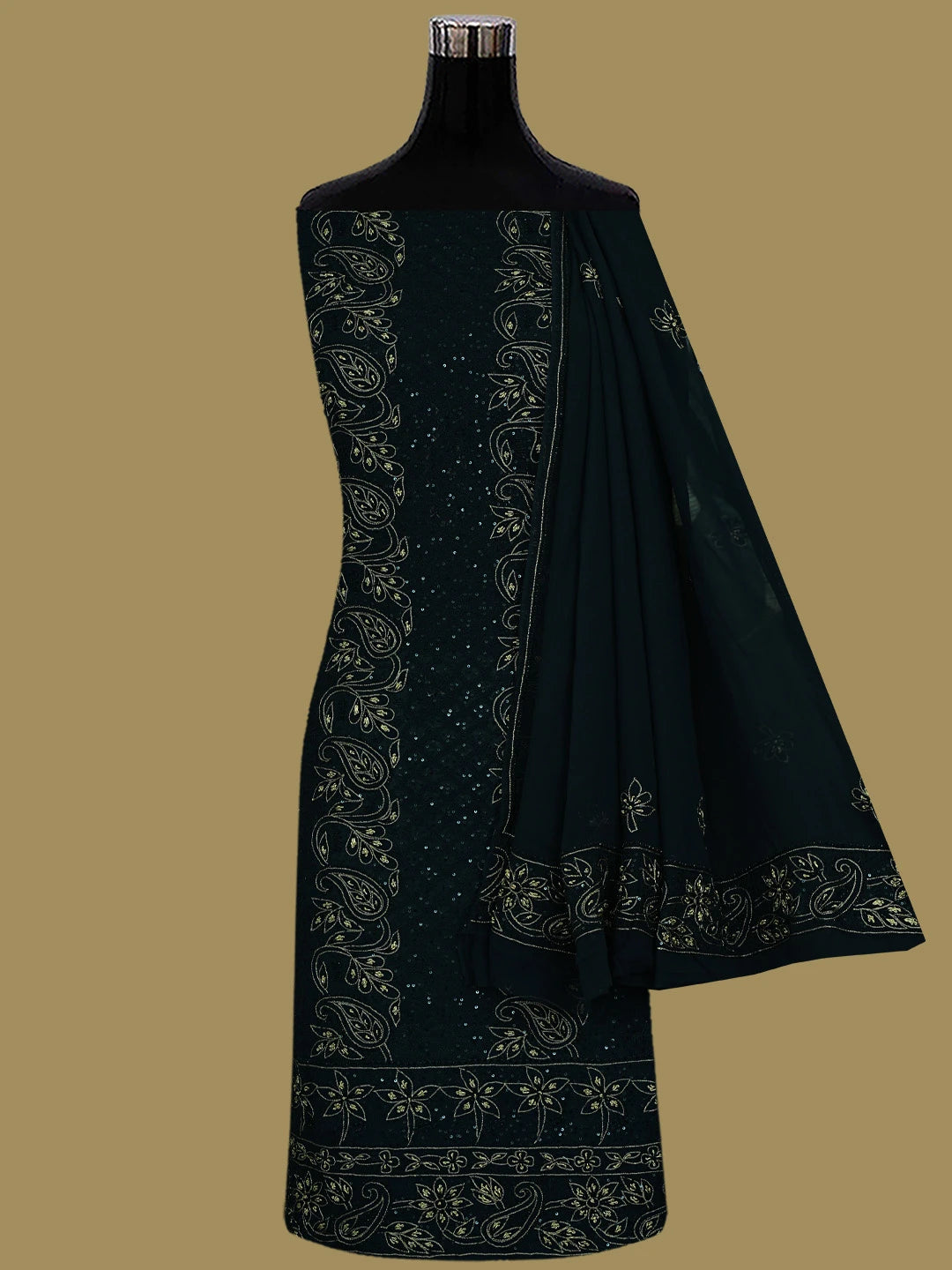 Ada Hand Embroidered Black Pure Georgette Lucknowi Chikankari Unstitched Kurta Dupatta Set With Cutdana Work 01A683266
