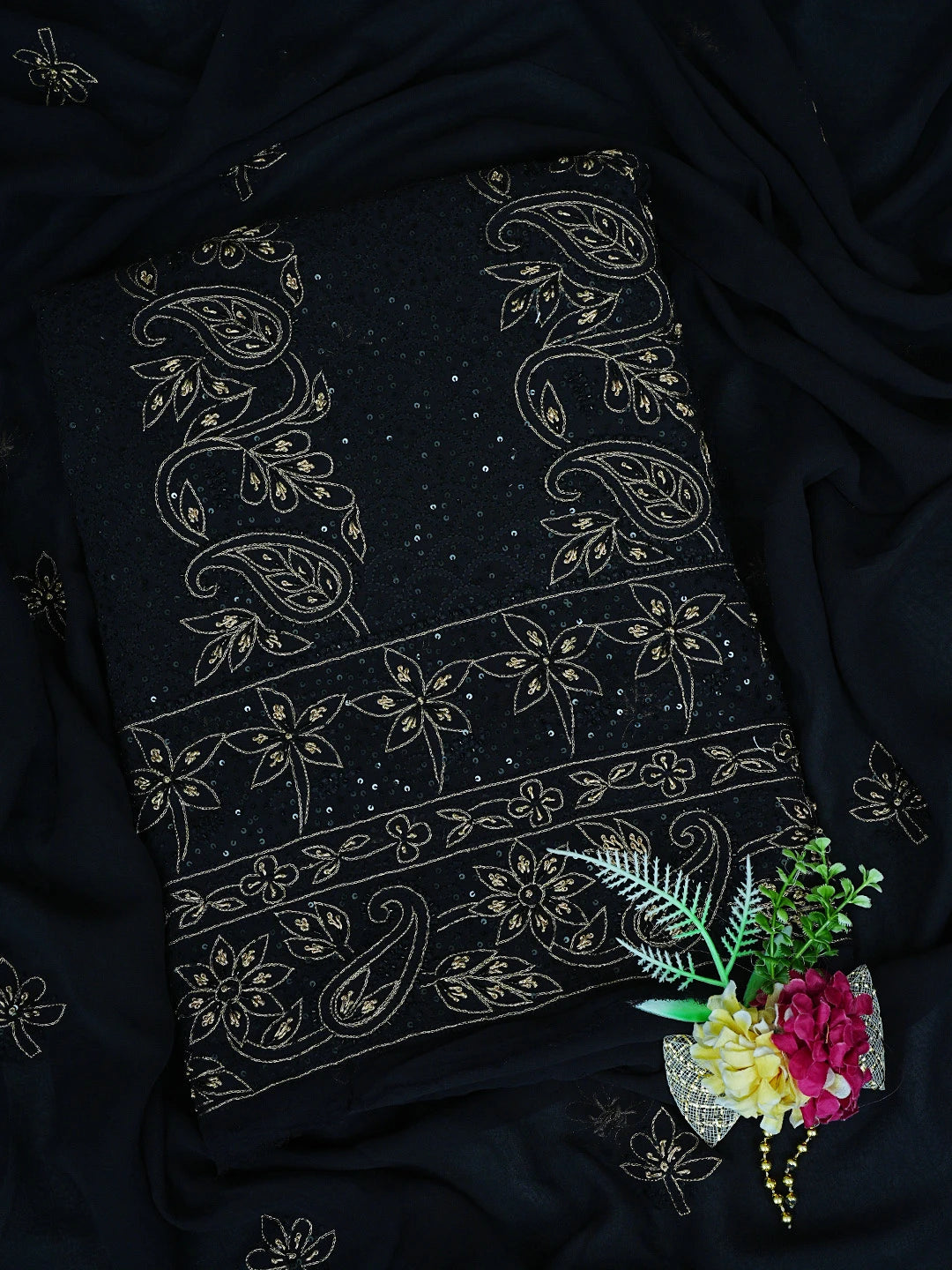 Ada Hand Embroidered Black Pure Georgette Lucknowi Chikankari Unstitched Kurta Dupatta Set With Cutdana Work 01A683266