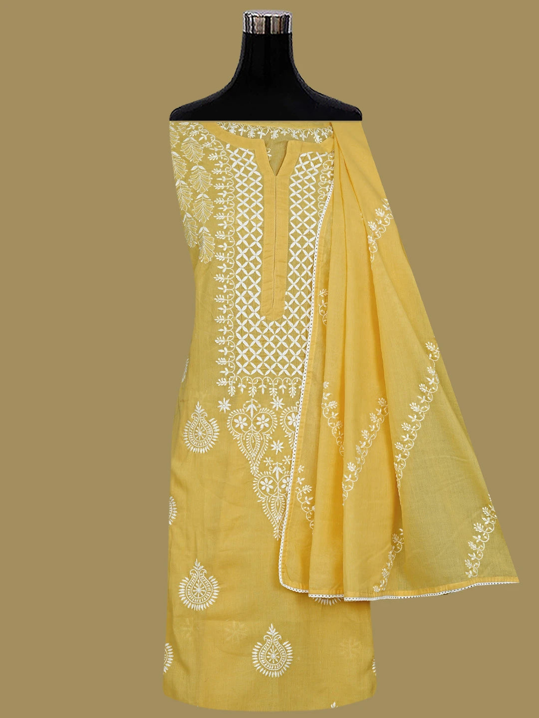 Ada Hand Embroidered Yellow Cotton Lucknowi Chikankari Semi-Stitched Kurta Dupatta Set 01A791323