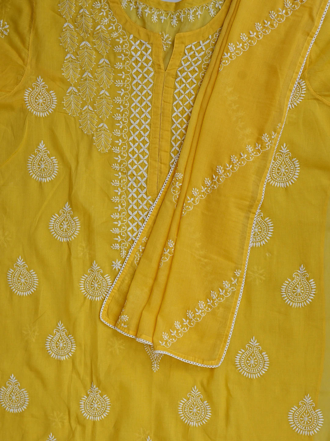 Ada Hand Embroidered Yellow Cotton Lucknowi Chikankari Semi-Stitched Kurta Dupatta Set 01A791323