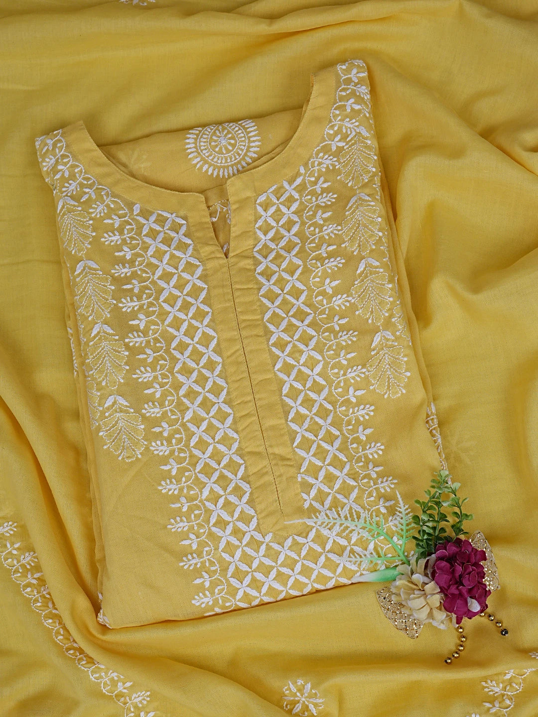 Ada Hand Embroidered Yellow Cotton Lucknowi Chikankari Semi-Stitched Kurta Dupatta Set 01A791323