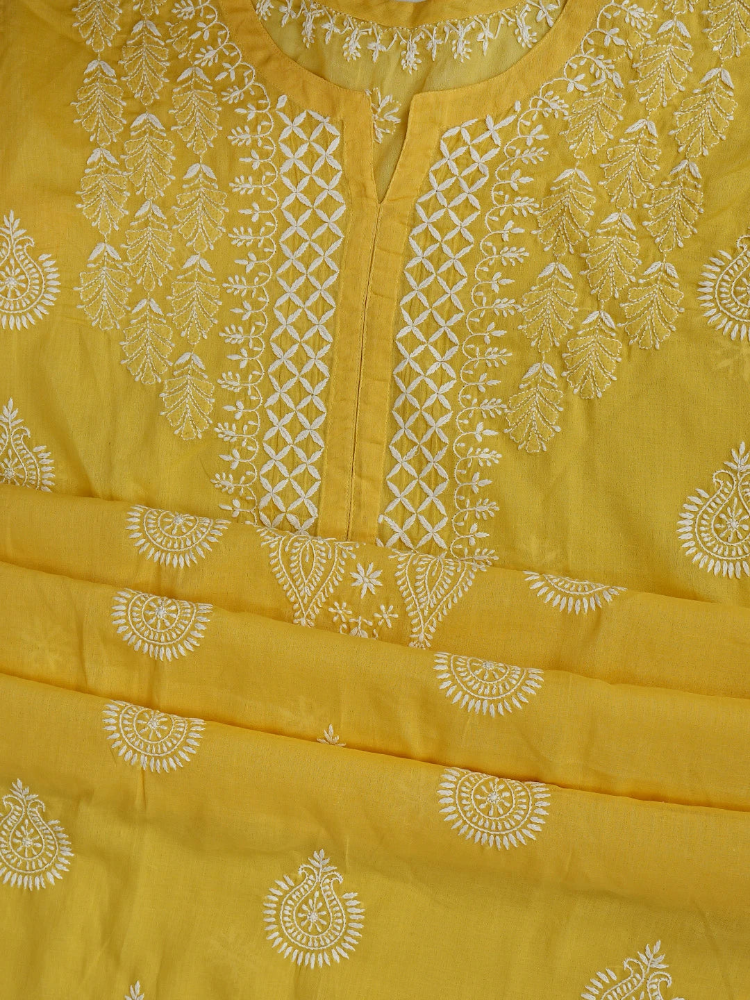Ada Hand Embroidered Yellow Cotton Lucknowi Chikankari Semi-Stitched Kurta Dupatta Set 01A791323