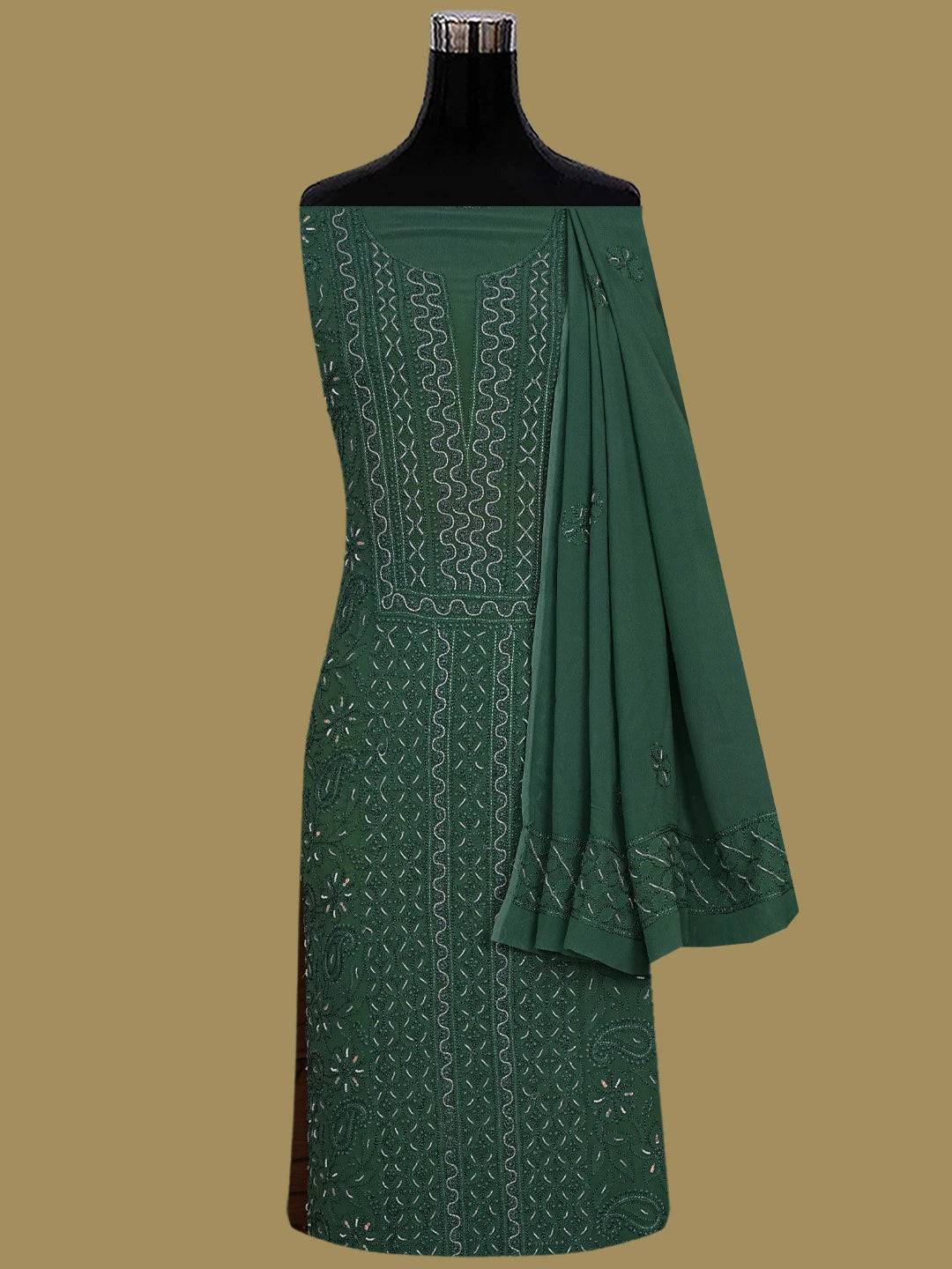 Ada Hand Embroidered Green Viscose Georgette Lucknowi Chikankari Unstitched Kurta Dupatta Set With Cutdana Work 01A180836